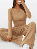 Long Sleeve Top and Wide Leg Pants Set Khaki / XS