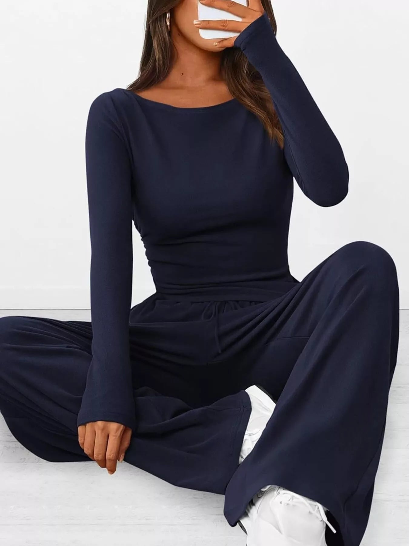 Long Sleeve Top and Wide Leg Pants Set Navy / XS