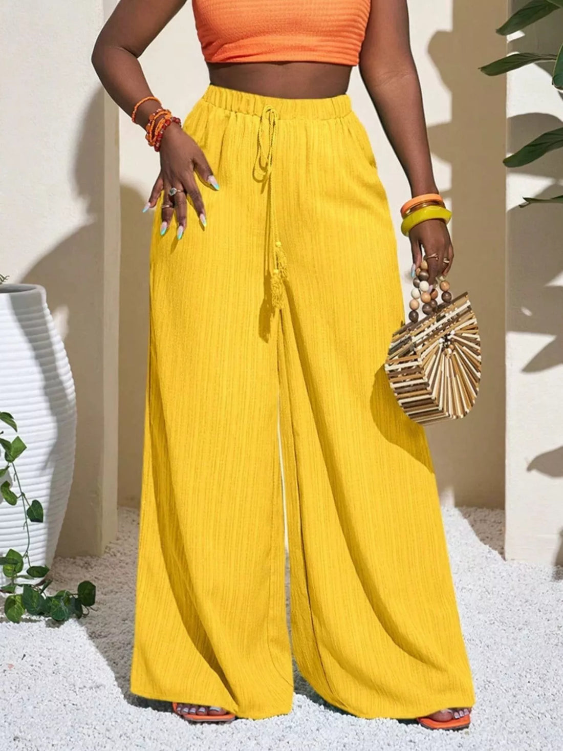 Wide-Leg Pants with Drawstring Yellow / XS