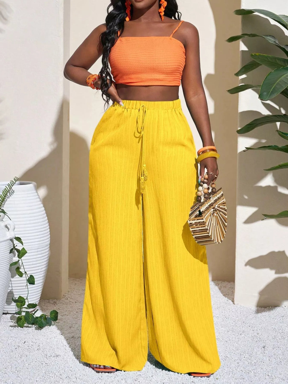 Wide-Leg Pants with Drawstring Yellow / XS