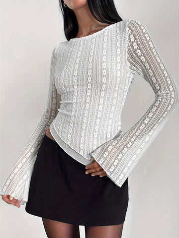 Asymmetrical Hem Lace Long Sleeve Blouse White / S