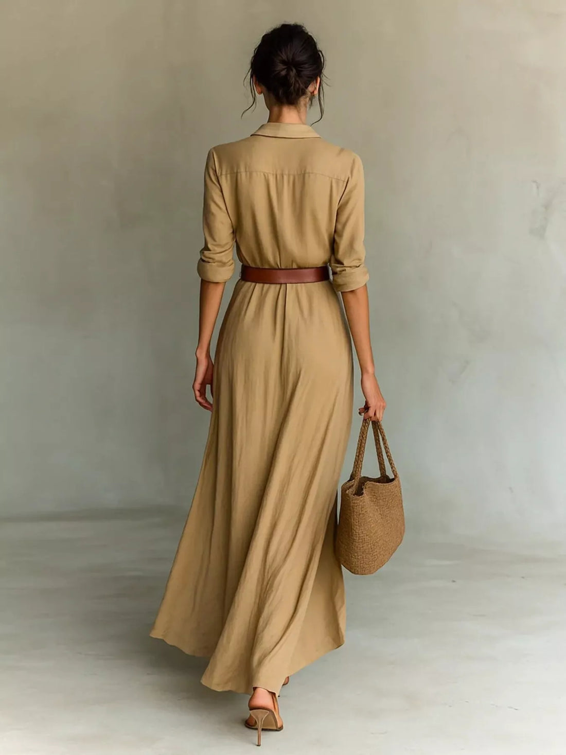 Belted Button-Front Shirt Maxi Dress Camel / S