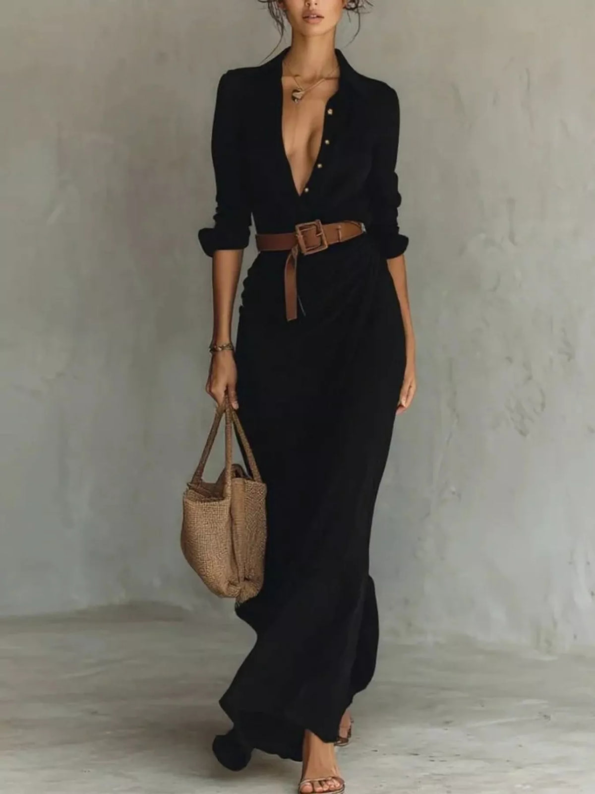 Belted Button-Front Shirt Maxi Dress Black / S