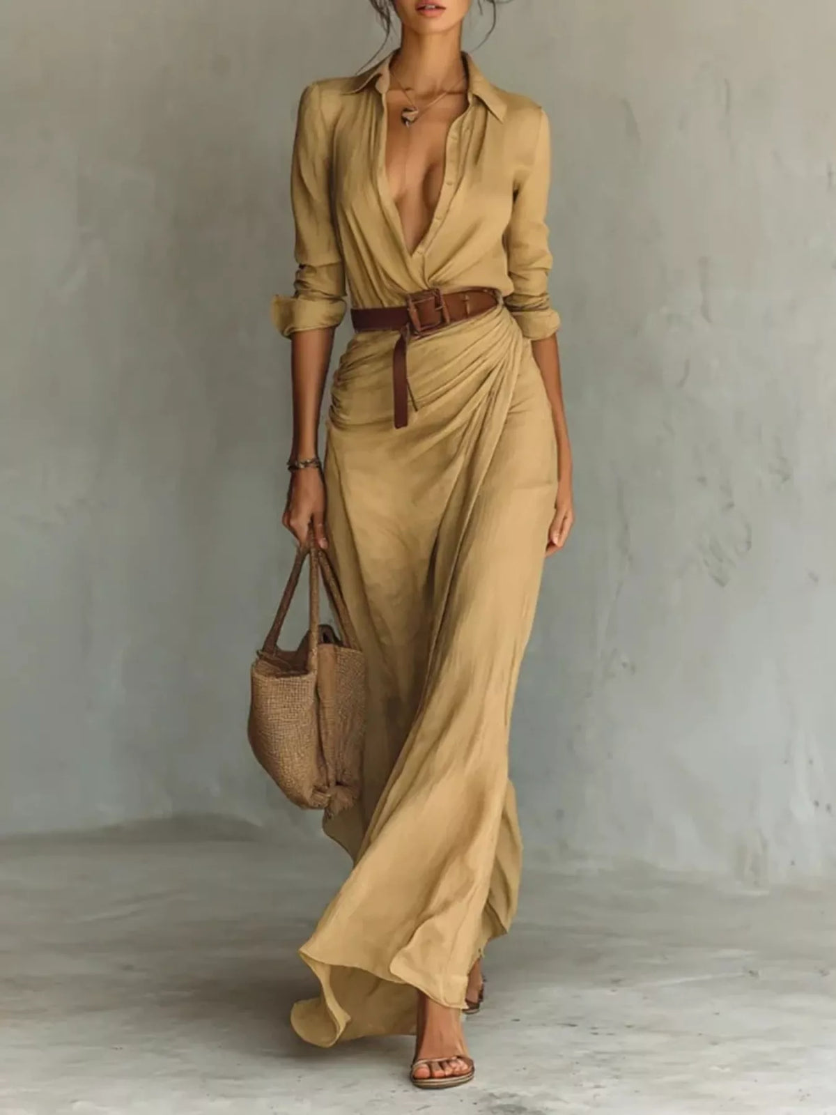 Belted Button-Front Shirt Maxi Dress Camel / S