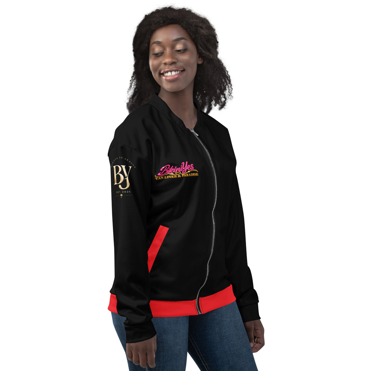 BY Tan Lines & Paradise — Women’s Black & Red Bomber Jacket
