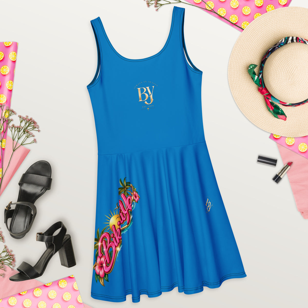 BY Island Glow — Women’s Blue Tropical Skater Dress