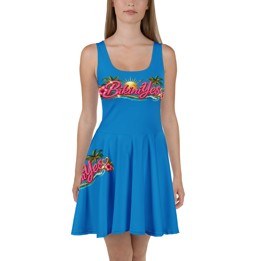 BY Island Glow — Women’s Blue Tropical Skater Dress S