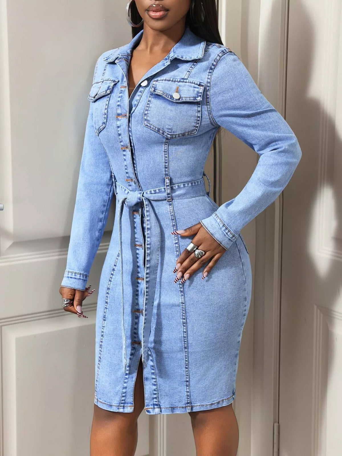 Button-Down Tie-Waist Denim Dress