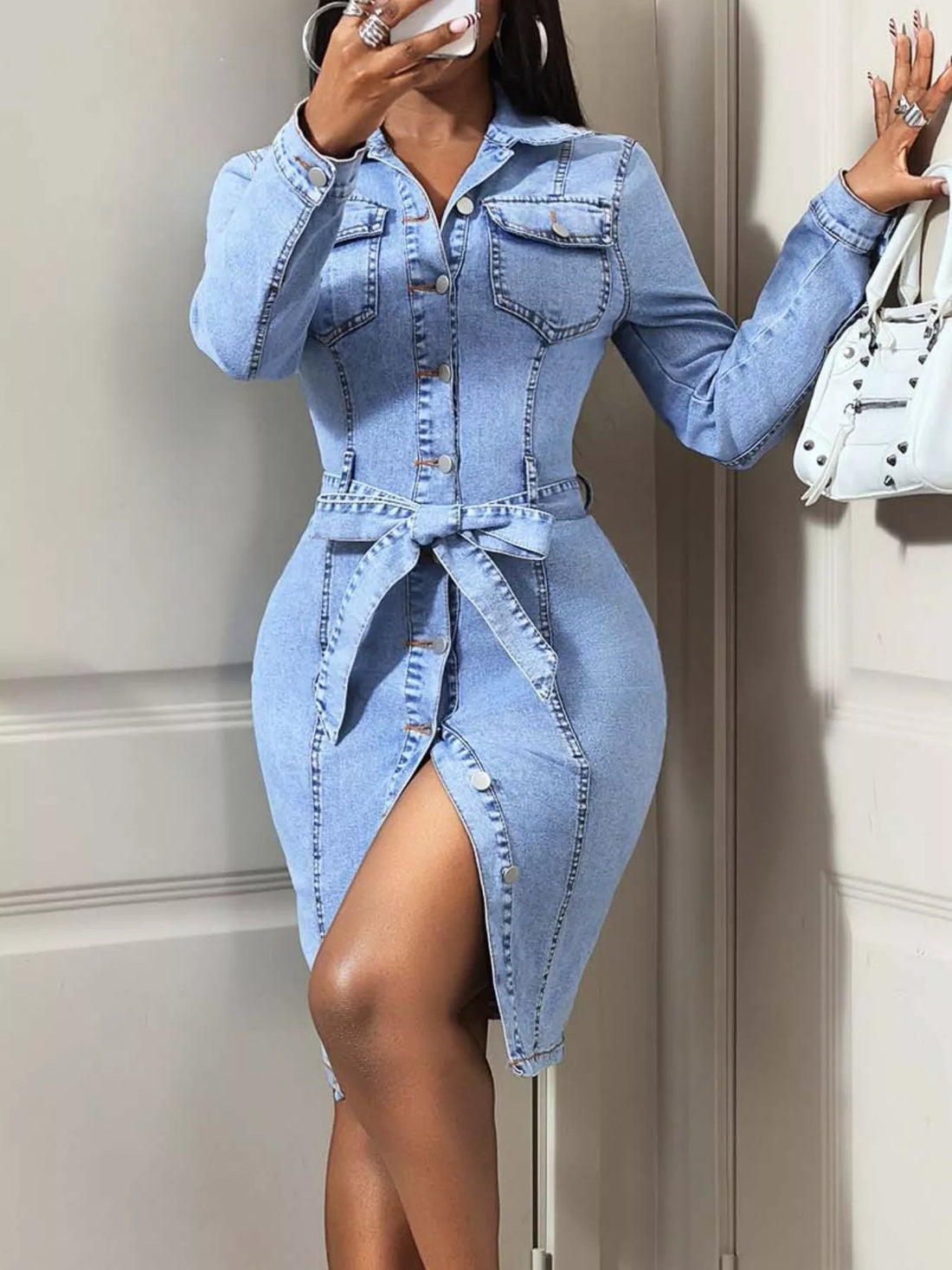 Button-Down Tie-Waist Denim Dress Blue / S