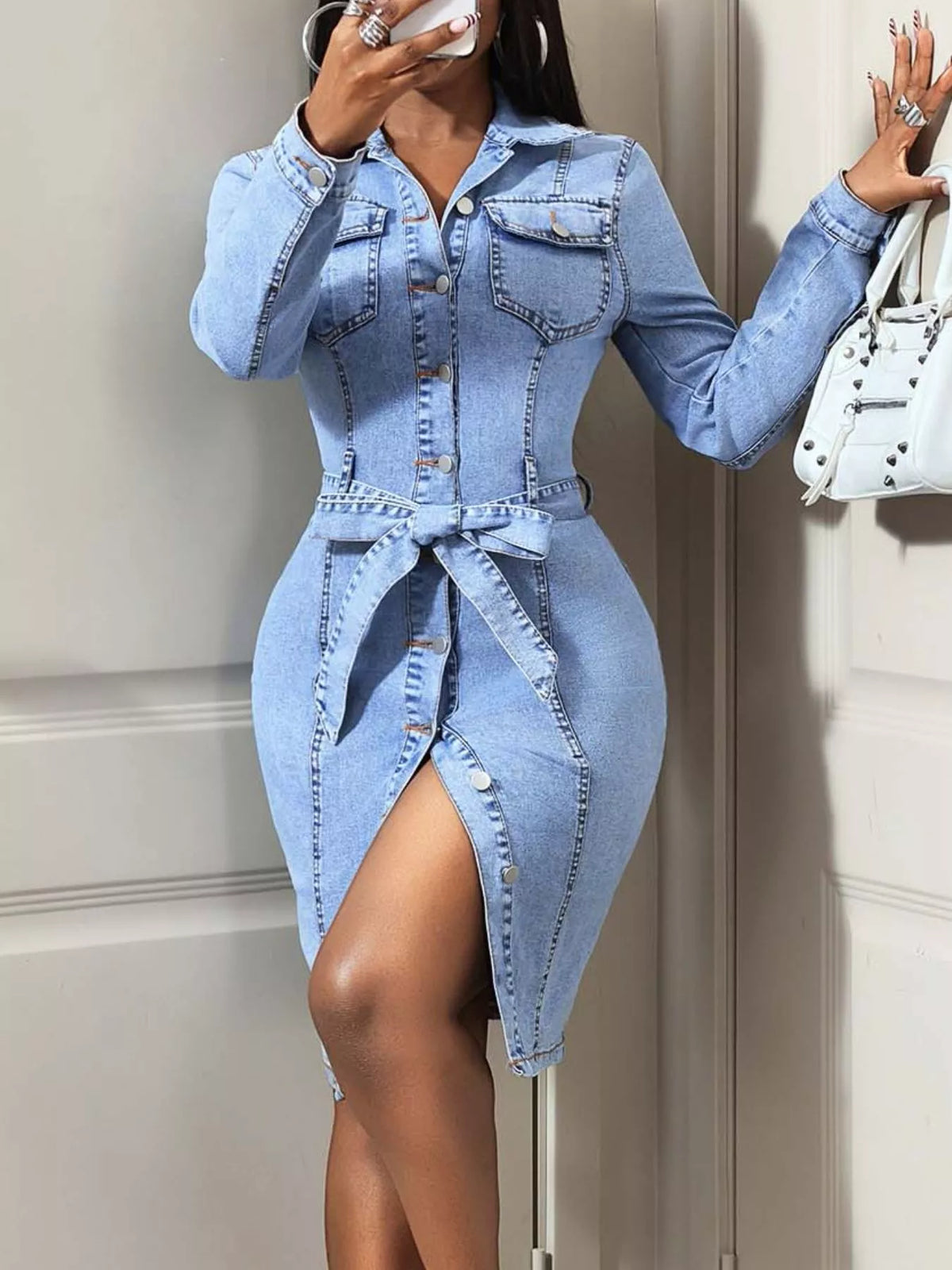 Button-Down Tie-Waist Denim Dress Blue / S