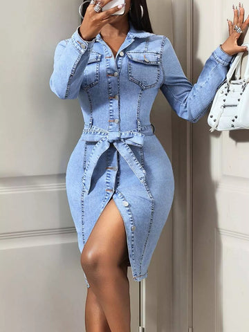 Button-Down Tie-Waist Denim Dress Blue / S