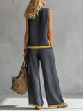Contrast Stripe Top & Wide-Leg Pants Set