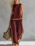 Contrast Stripe Top & Wide-Leg Pants Set Burgundy / S