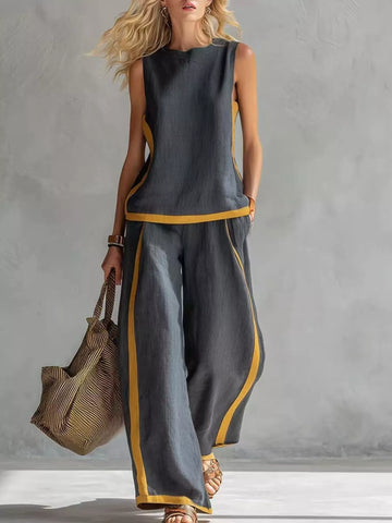 Contrast Stripe Top & Wide-Leg Pants Set Dark Gray / S