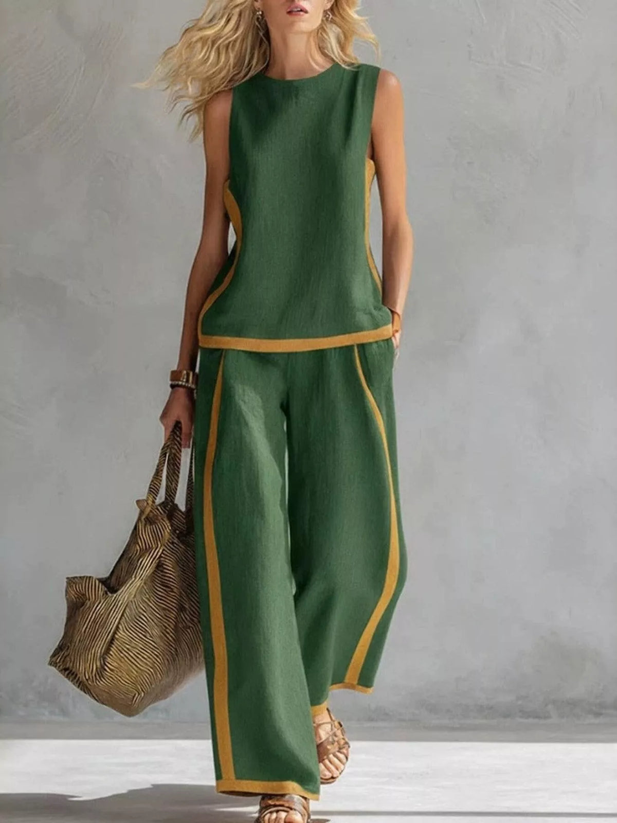 Contrast Stripe Top & Wide-Leg Pants Set Green / S