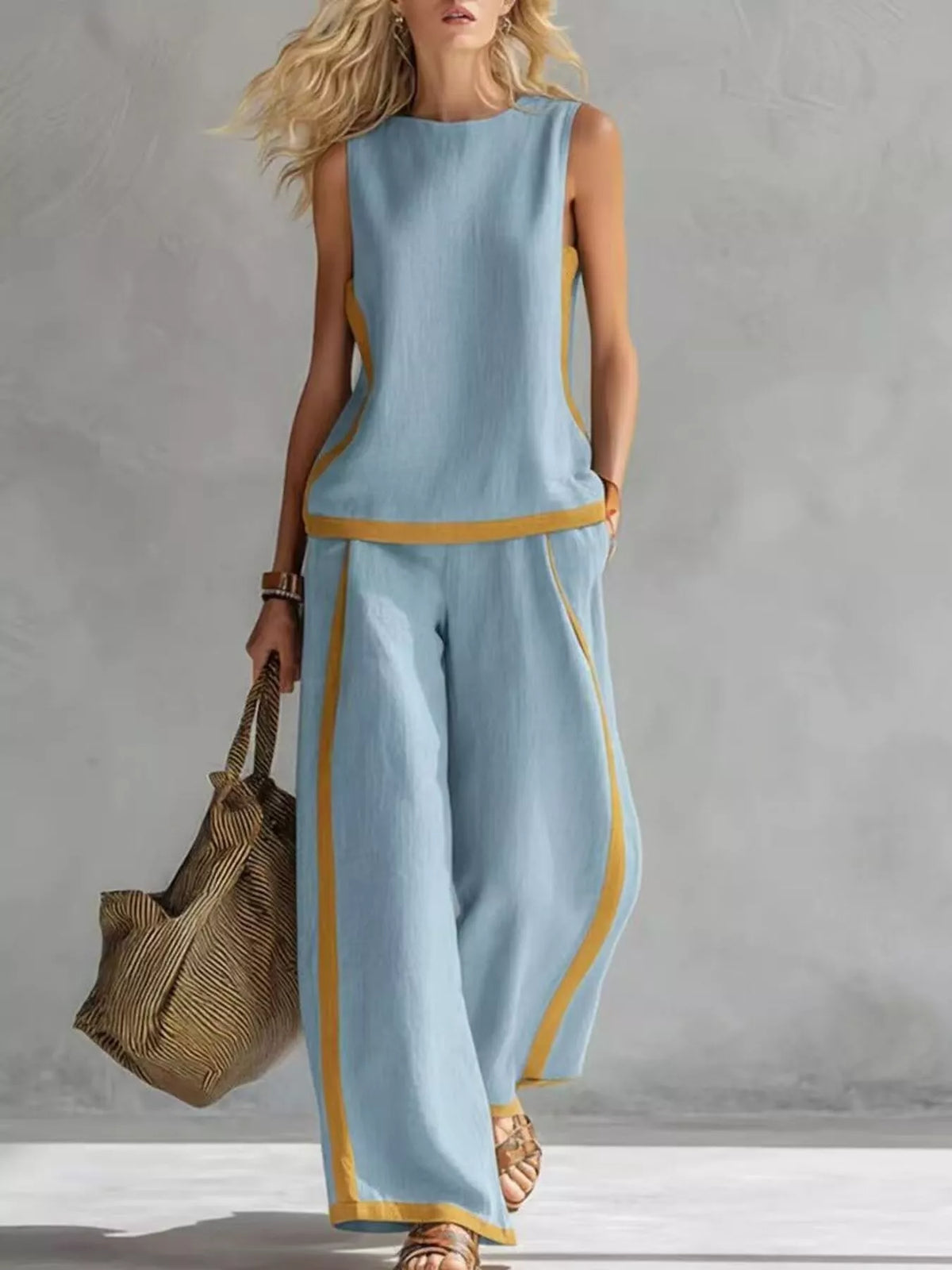 Contrast Stripe Top & Wide-Leg Pants Set Light Blue / S