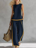 Contrast Stripe Top & Wide-Leg Pants Set Navy Blue / S