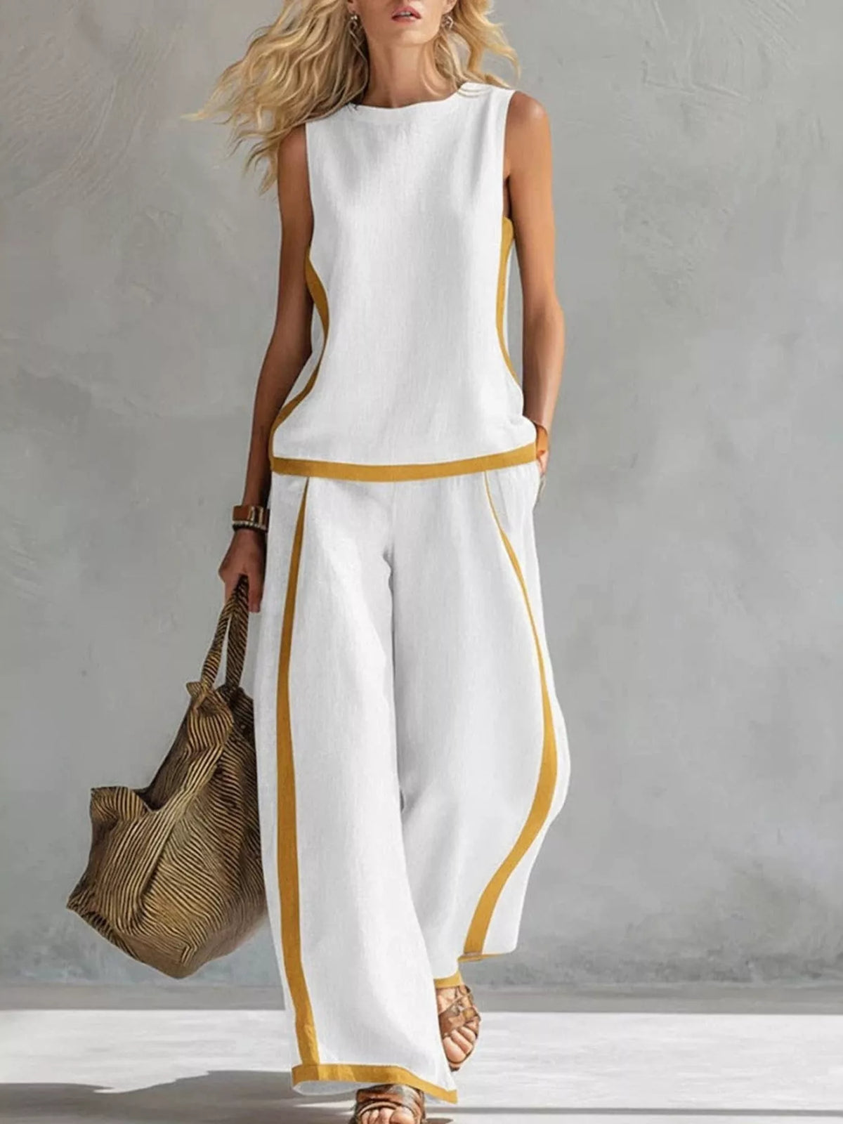 Contrast Stripe Top & Wide-Leg Pants Set White / S