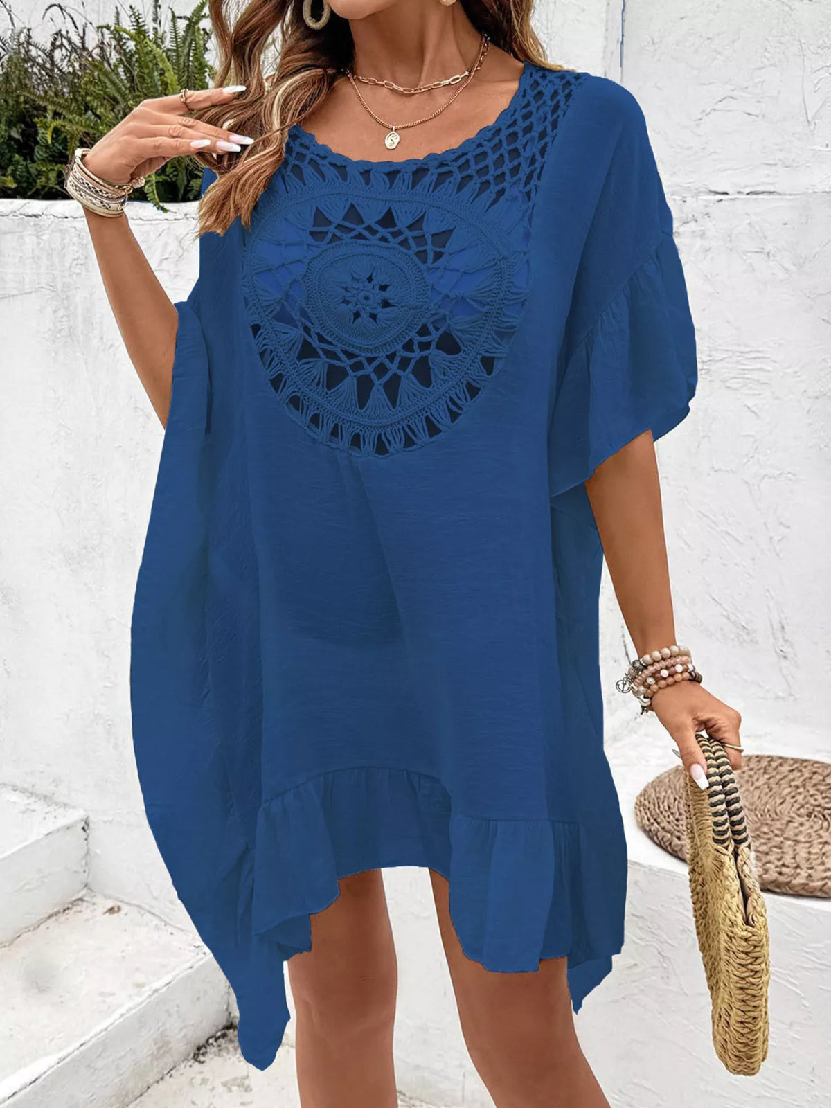 Crochet-Trim Ruffle-Hem Beach Cover-Up Dress