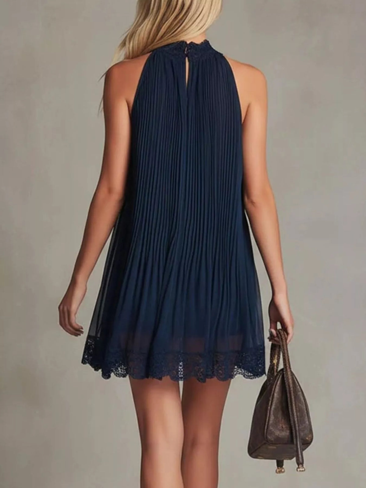Cutout Pleated Lace-Trim Mini Dress