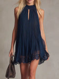 Cutout Pleated Lace-Trim Mini Dress Dark Blue / S