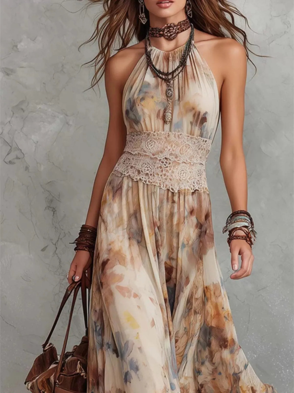 Maxi abito floreale in pizzo all'americana