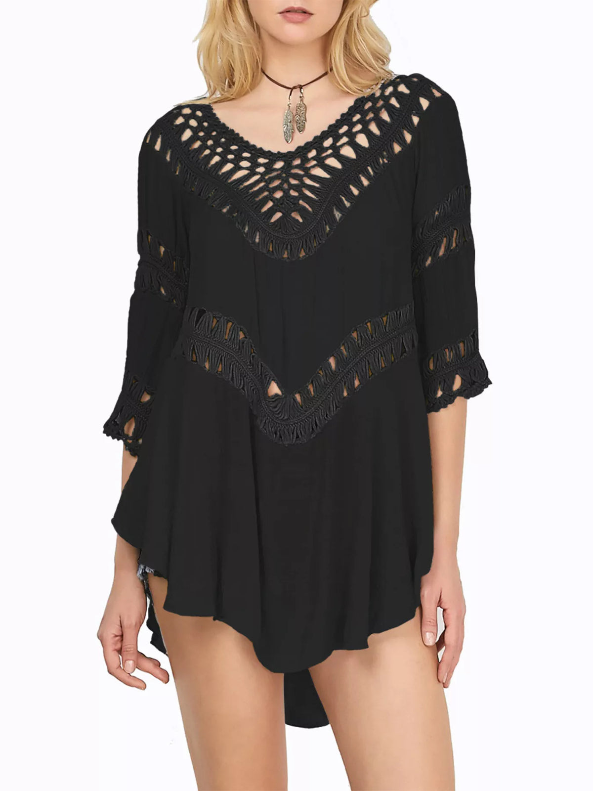 Flowy Crochet-Trim Beach Cover-Up Dress Black / One Size