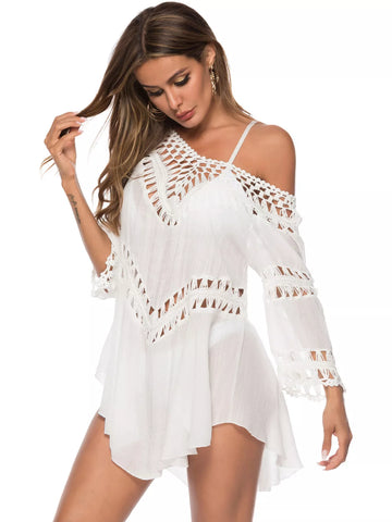 Flowy Crochet-Trim Beach Cover-Up Dress White / One Size