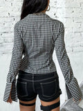 Gingham Tie-Front Long Sleeve Blouse