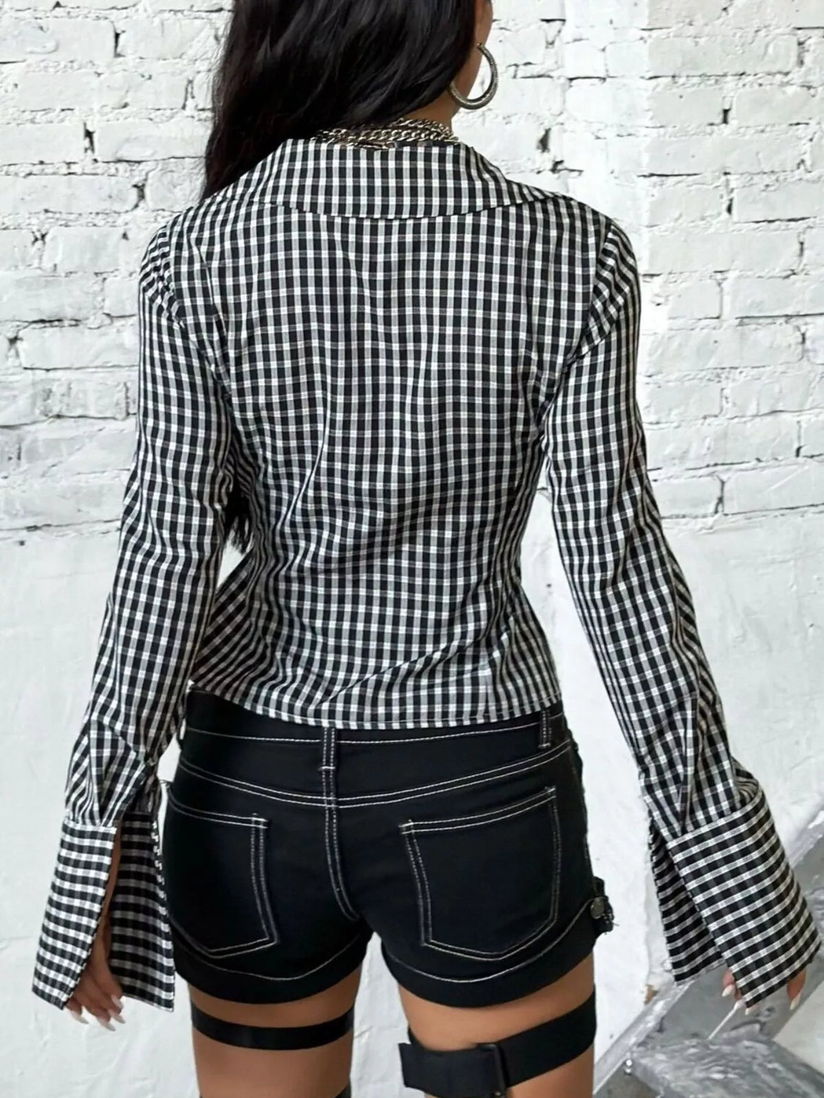 Gingham Tie-Front Long Sleeve Blouse