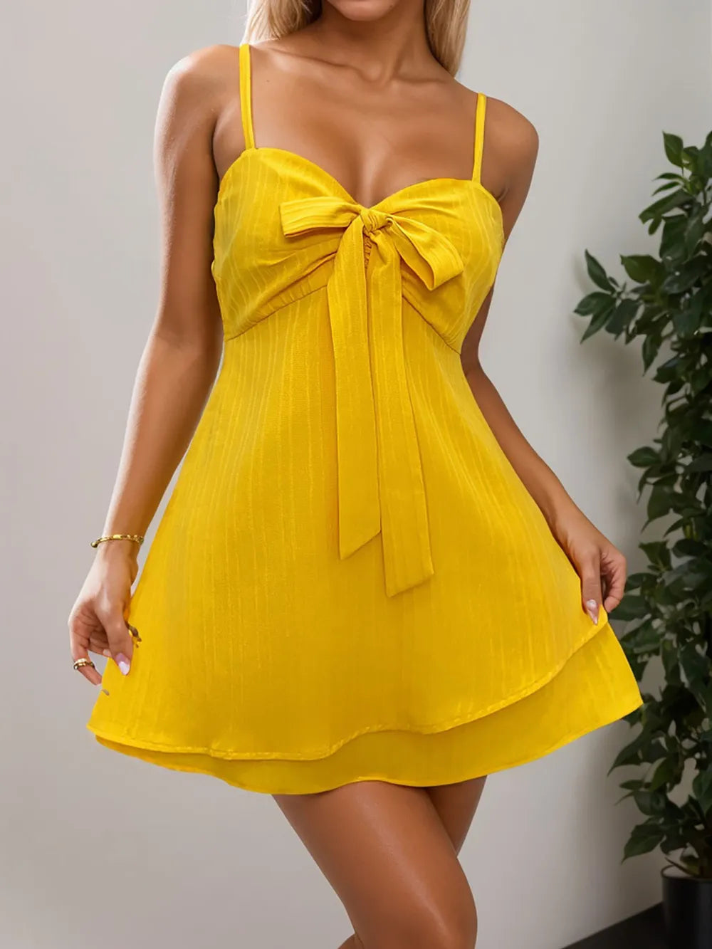 Layered Bow-Front Sweetheart Mini Dress Gold / S