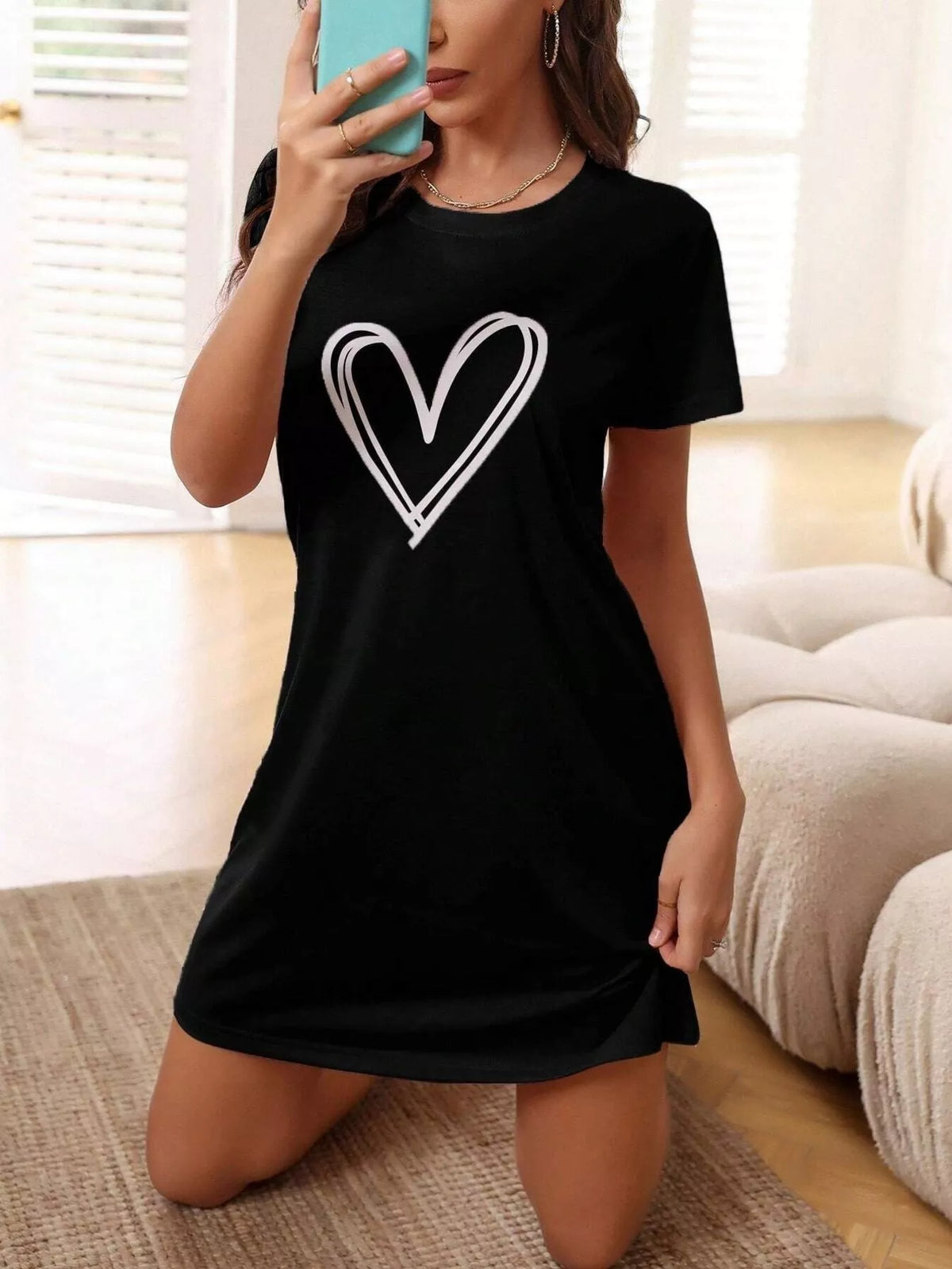 Heart Print Short Sleeve Lounge Dress Black / S
