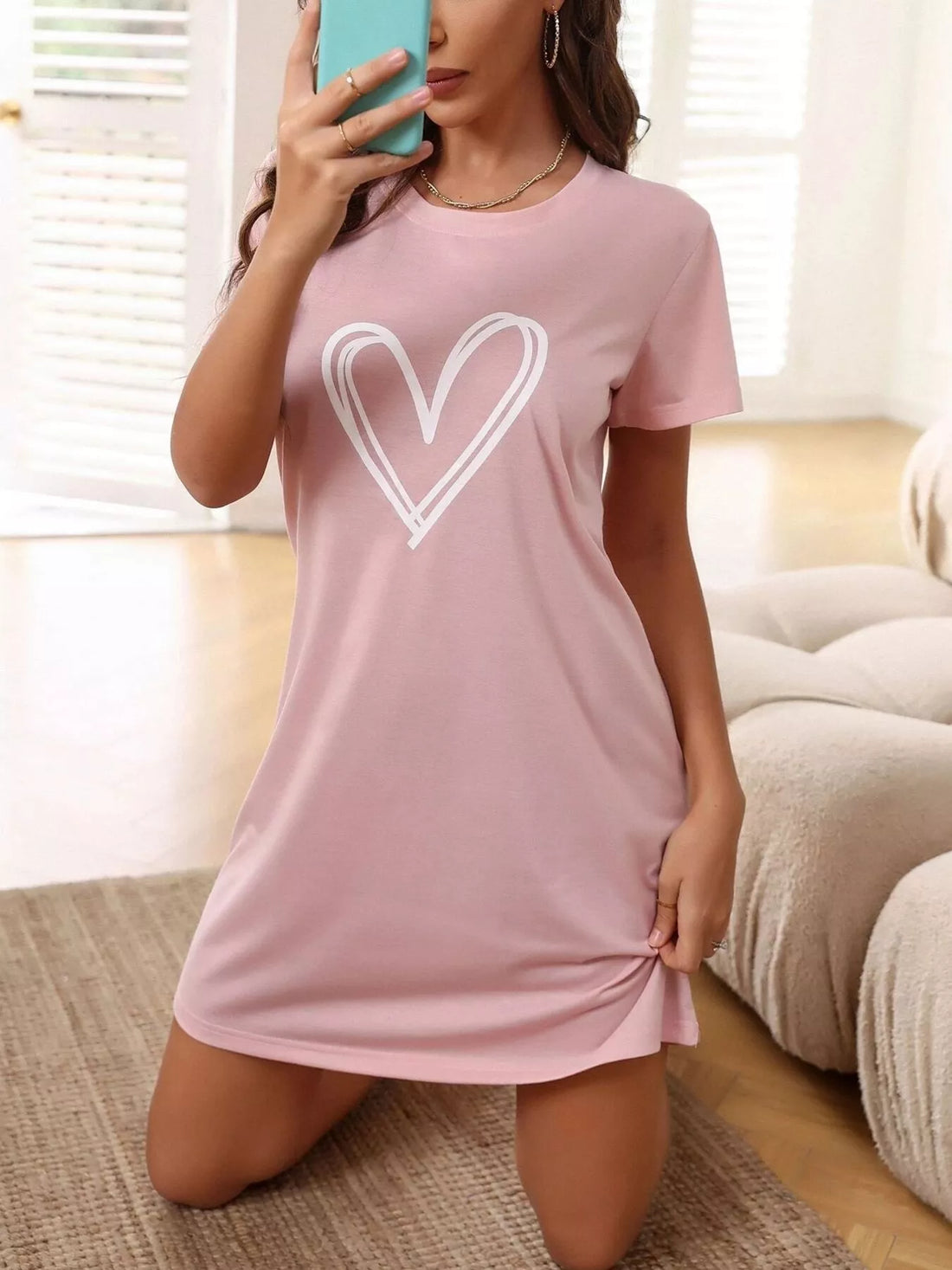 Heart Print Short Sleeve Lounge Dress Pink / S