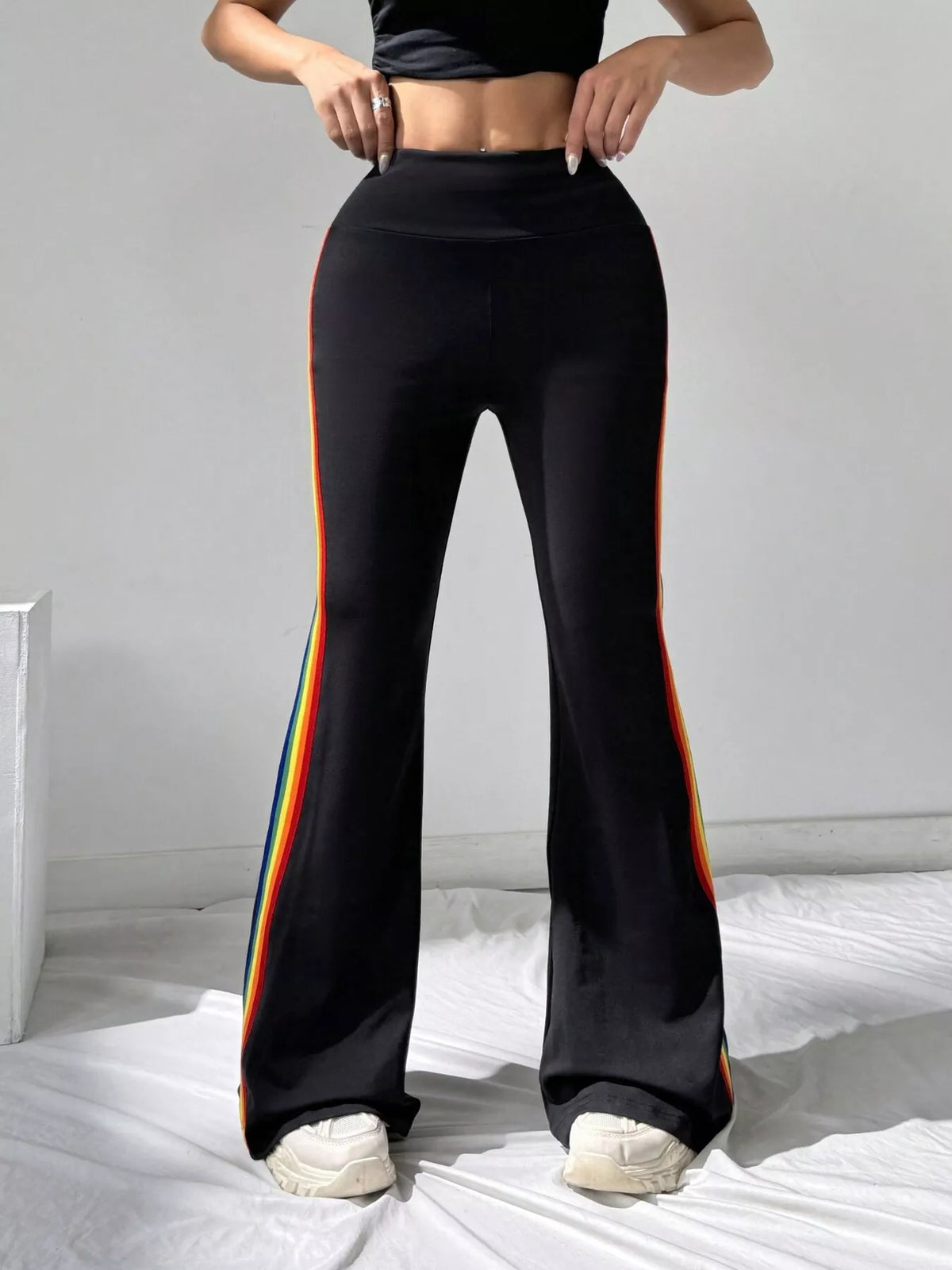 High-Waisted Side-Stripe Flare Active Pants Black and Color Strips / S
