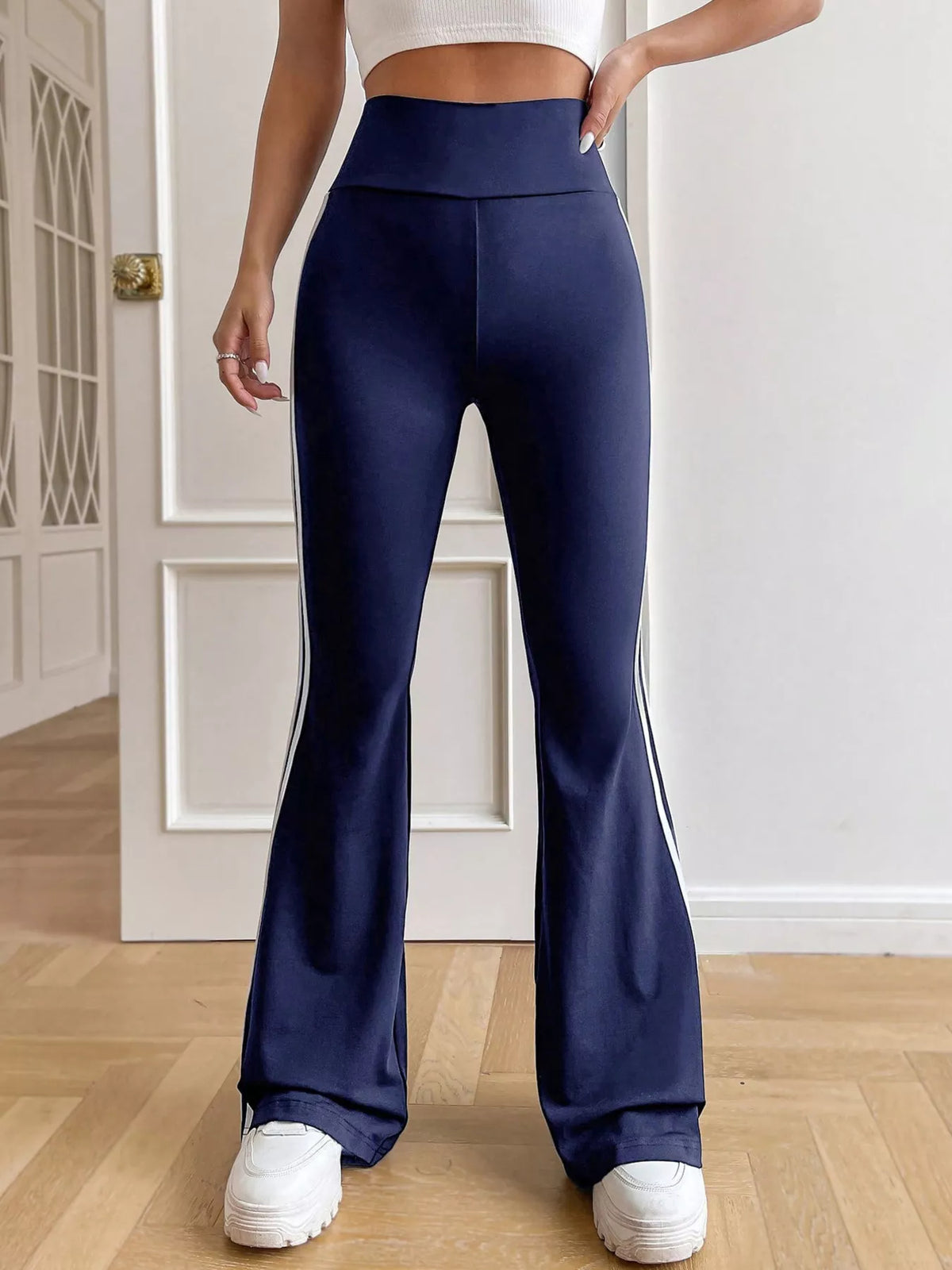 High-Waisted Side-Stripe Flare Active Pants Blue and White Strips / S