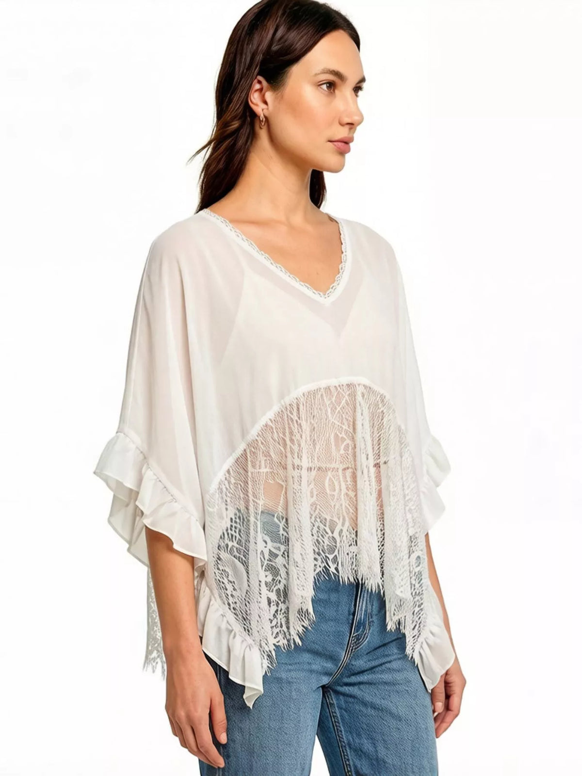 Lace-Trim Ruffled Sheer Beach Cover-Up