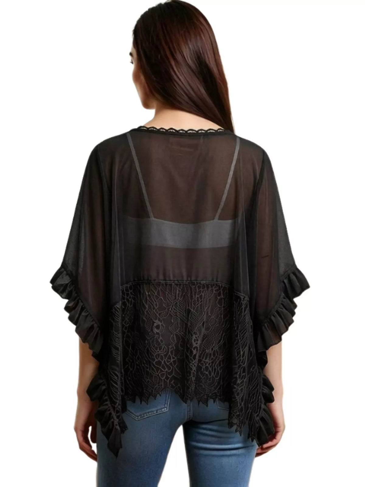 Lace-Trim Ruffled Sheer Beach Cover-Up