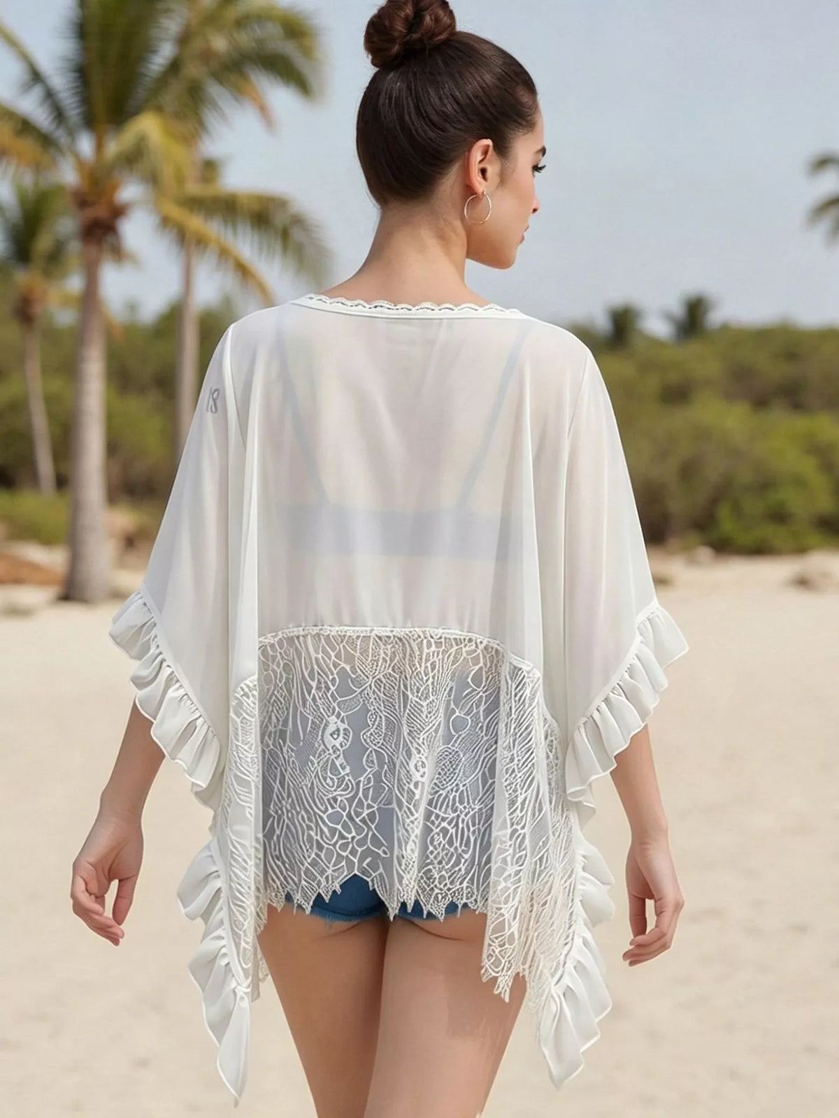 Lace-Trim Ruffled Sheer Beach Cover-Up