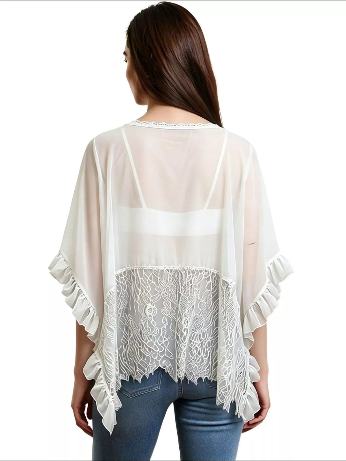 Lace-Trim Ruffled Sheer Beach Cover-Up