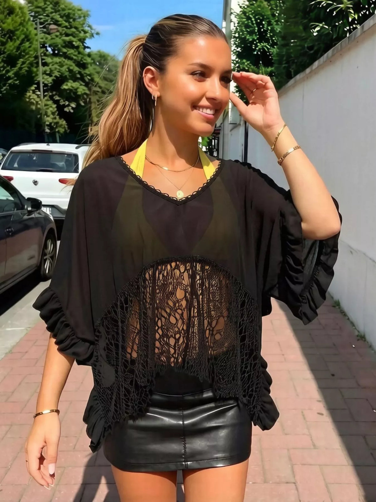 Lace-Trim Ruffled Sheer Beach Cover-Up