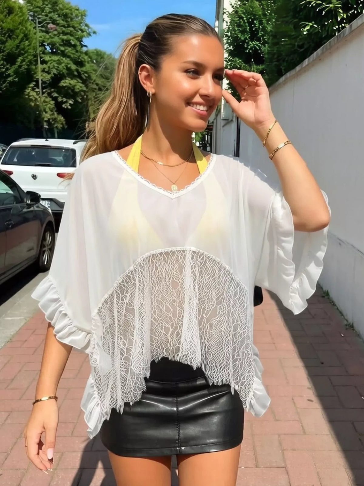 Lace-Trim Ruffled Sheer Beach Cover-Up