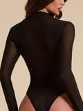 Mesh-Panel Mock-Neck Long-Sleeve Bodysuit