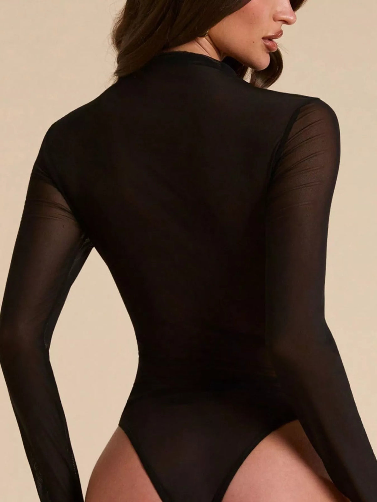 Mesh-Panel Mock-Neck Long-Sleeve Bodysuit