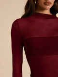 Mesh-Panel Mock-Neck Long-Sleeve Bodysuit