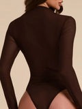 Mesh-Panel Mock-Neck Long-Sleeve Bodysuit