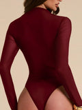 Mesh-Panel Mock-Neck Long-Sleeve Bodysuit