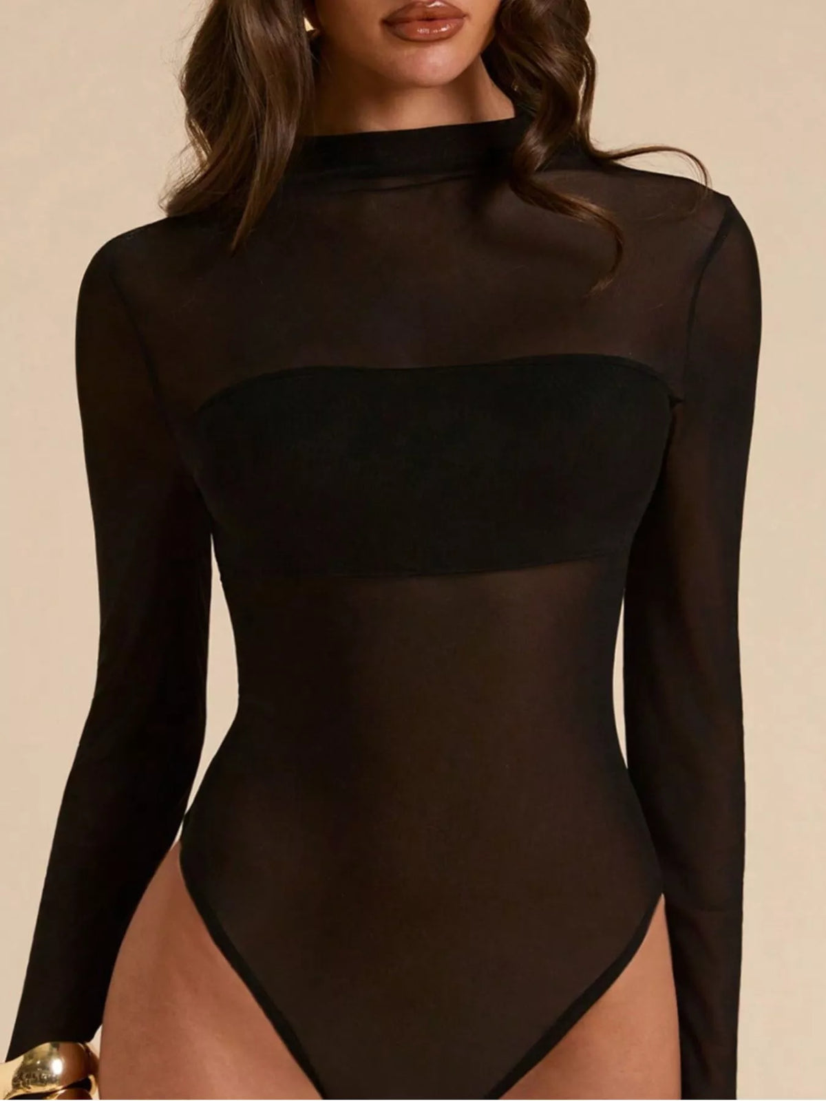 Mesh-Panel Mock-Neck Long-Sleeve Bodysuit Black / S