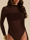 Mesh-Panel Mock-Neck Long-Sleeve Bodysuit Brown / S