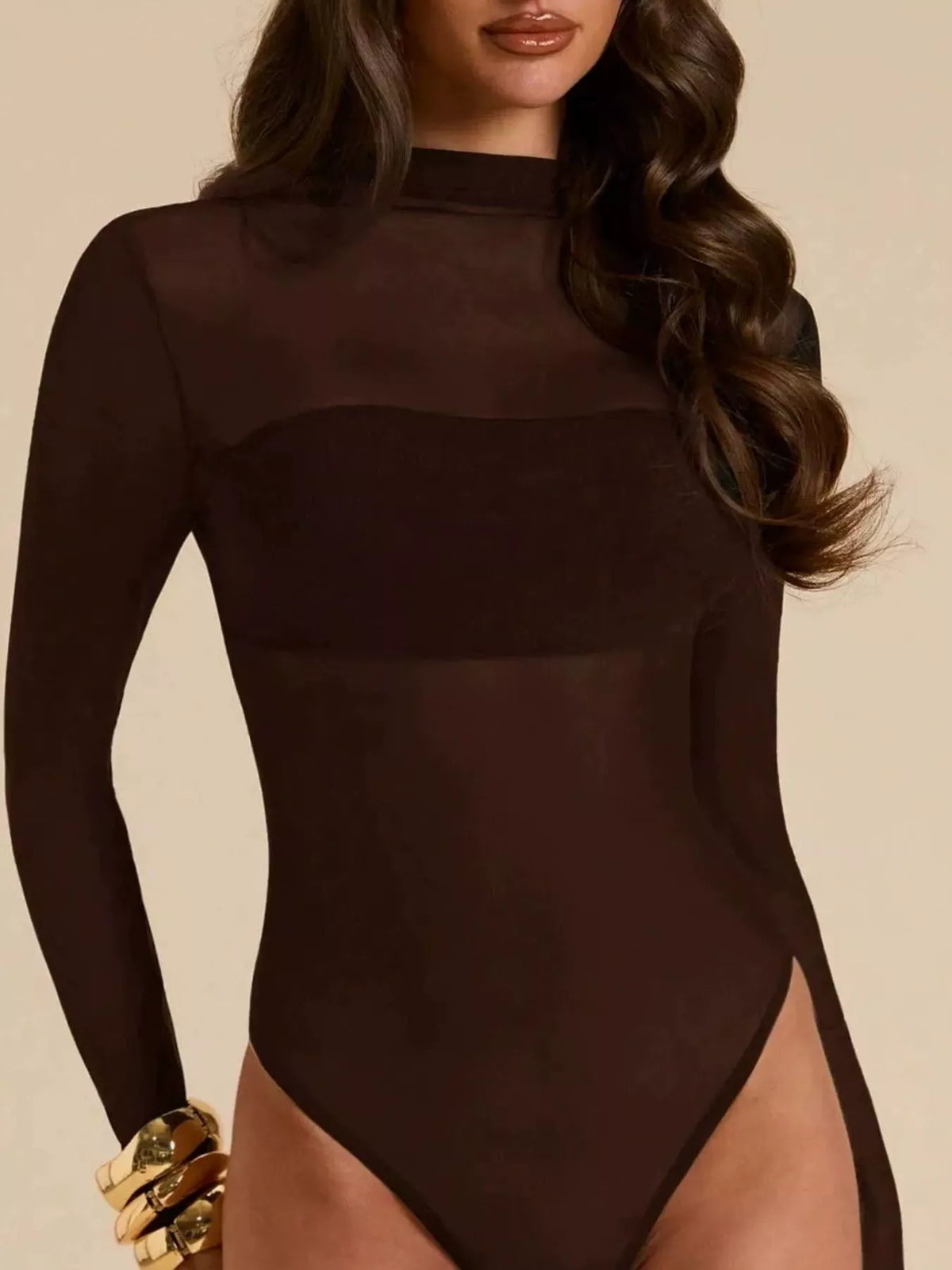 Mesh-Panel Mock-Neck Long-Sleeve Bodysuit Brown / S