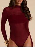 Mesh-Panel Mock-Neck Long-Sleeve Bodysuit Burgundy / S